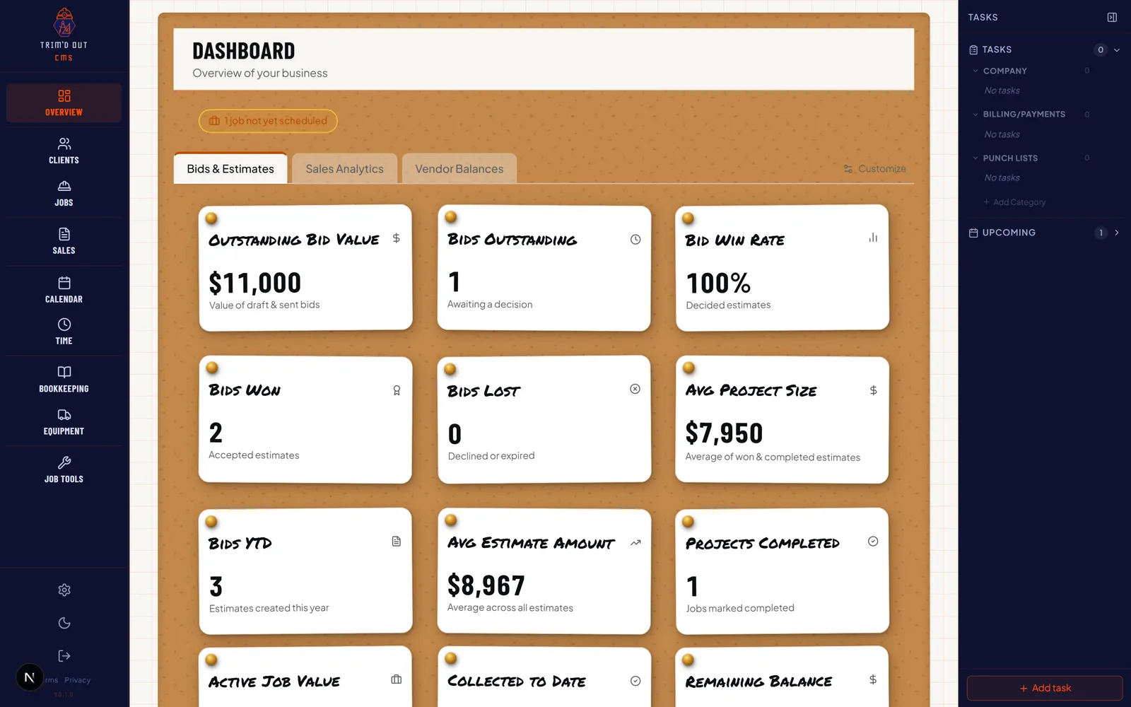 Trim'd Out dashboard showing bid value, win rate, and job financials