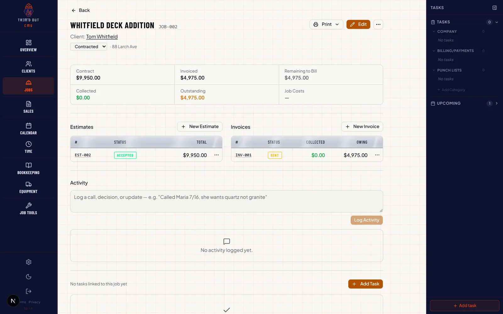 A job detail page with contract totals, estimates, and invoices